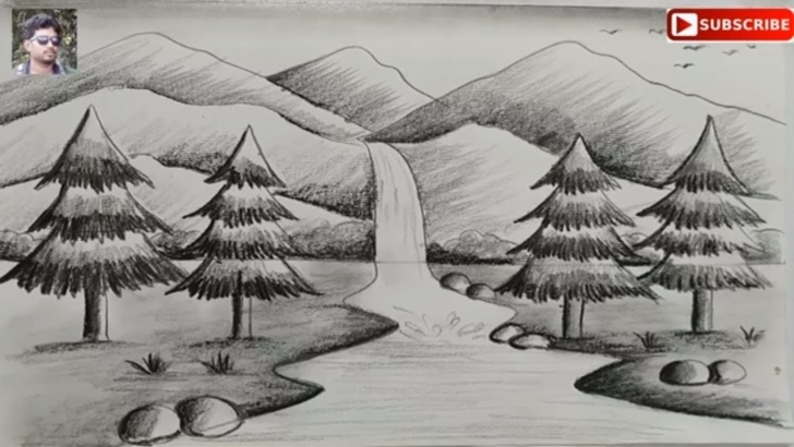 Learning Simple Scenery Pencil Drawings Tutorial How To Draw Easy Pencil Sketch Scenery For Kids,landscape Pahar And River  Side Scenery Drawing Pic