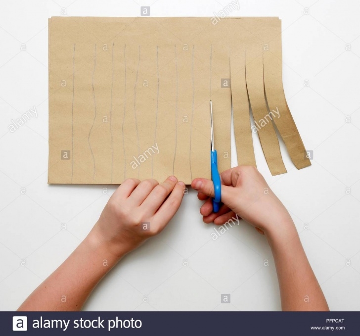 Most Inspiring Pencil Cutting Art Techniques for Beginners Girl's Hands Cutting Brown Paper Into Strips, Along Lines Drawn With Pictures